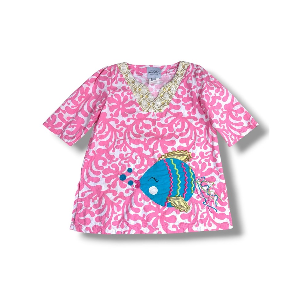 Mud Pie Girls 4T‎ Kissy Fish Tunic Dress Cover Up Gold Lace Trim Beach Vacation